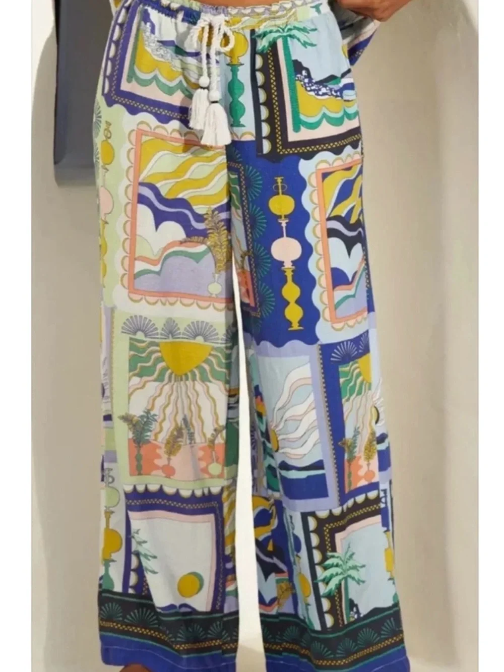 Anthropologie Novelty Resort Print Linen Vacation Pajama & Shirt Matching Set M